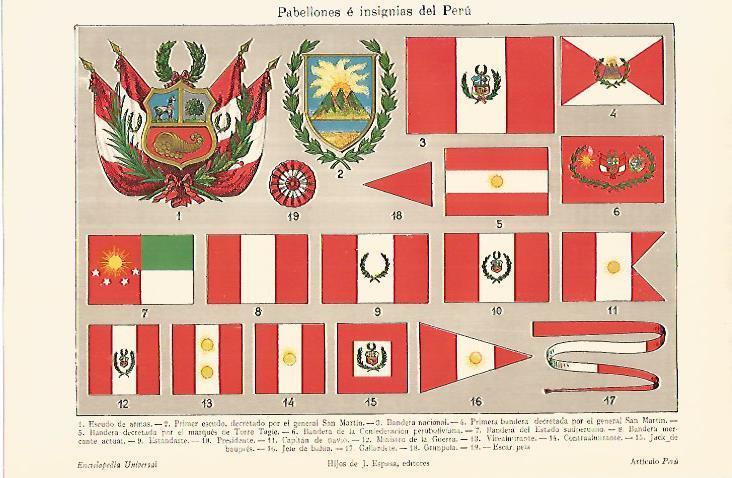 LAMINA ESPASA 18080: Pabellones e insignias de Peru