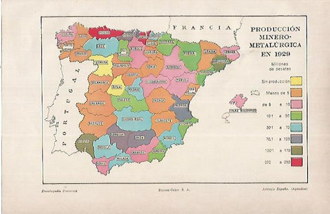 LAMINA ESPASA 22478: Produccion minero metalurgica en España en 1929