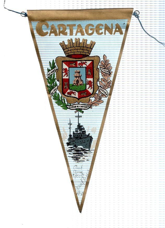 BANDERIN: CARTAGENA - Ilustracion del escudo de la localidad y buque de guerra.