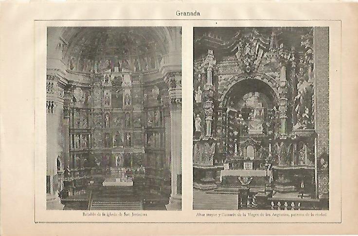 LAMINA ESPASA 2177:Retablo de la iglesia de San Jeronimo y Altar Mayor de la Virgen de las Angustias de Granada