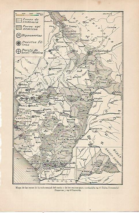 LAMINA ESPASA 22541: Mapa de Africa ecuatorial de la enfermedad del sueño
