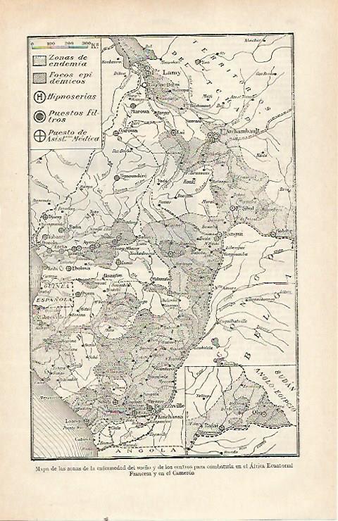 LAMINA ESPASA 22734: Mapa de Africa Ecuatorial con la enfermedad del sueño