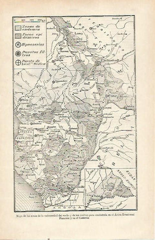 LAMINA ESPASA 22734: Mapa de Africa Ecuatorial con la enfermedad del sueño