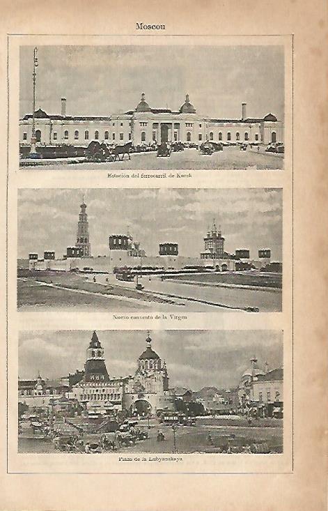 LAMINA ESPASA 8810: Estacion de Kursk Convento de la Virgen y Plaza de la Lubyanskaya en Moscu