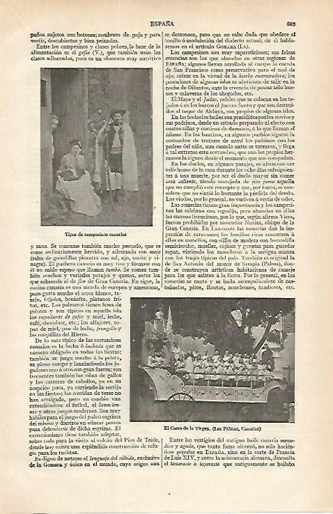 LAMINA ESPASA 16779: Campesinos de Canarias y El carro de la Virgen, trasera calles con alfombra flores en la Orotava
