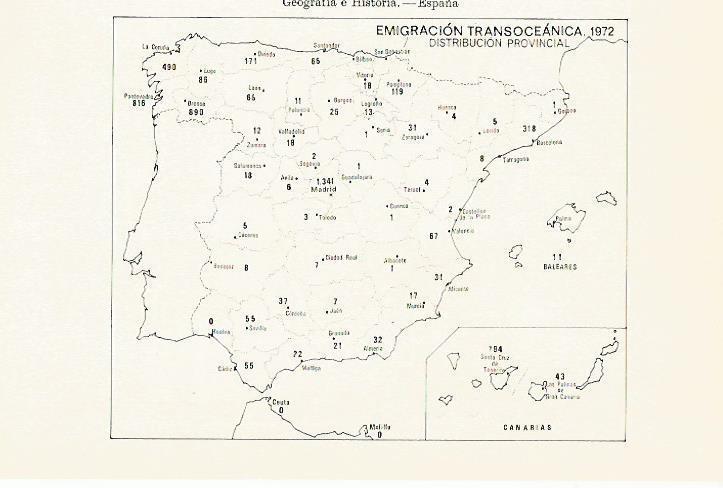 LAMINA ESPASA 13383: Mapa de España de emigracion transoceanica.1972