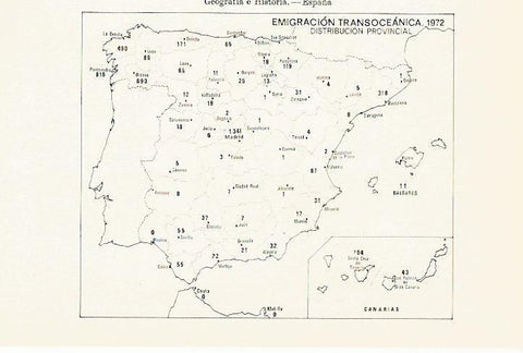 LAMINA ESPASA 13383: Mapa de España de emigracion transoceanica.1972