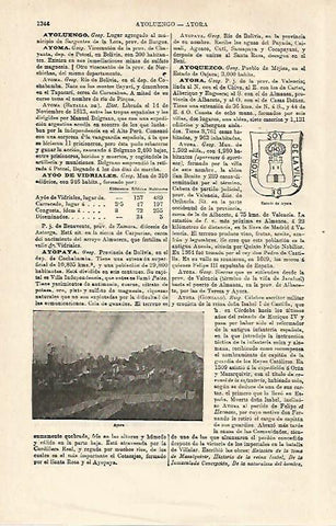 LAMINA ESPASA 13064: Escudo y vista de Ayora Valencia