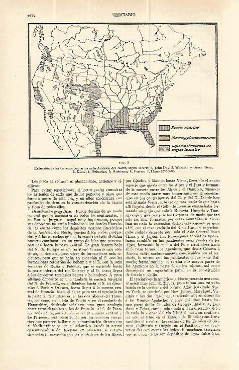 LAMINA ESPASA 13852: Mapa de los terrenos terciarios en America del Norte