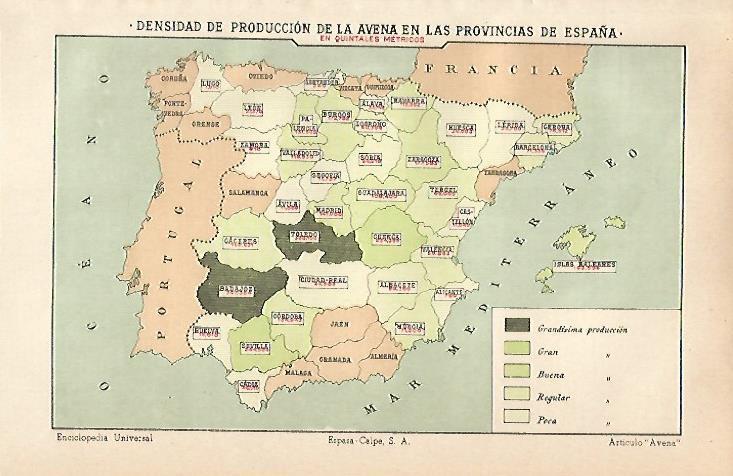 LAMINA ESPASA 13031: Mapa de España de la produccion de avena