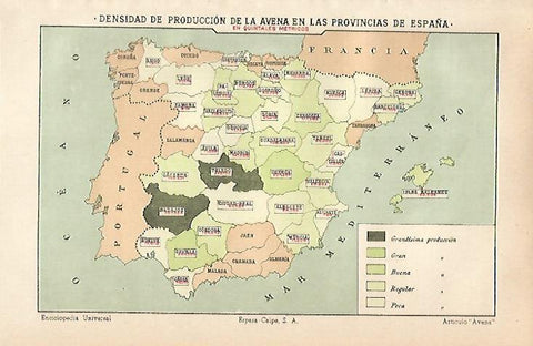 LAMINA ESPASA 13031: Mapa de España de la produccion de avena