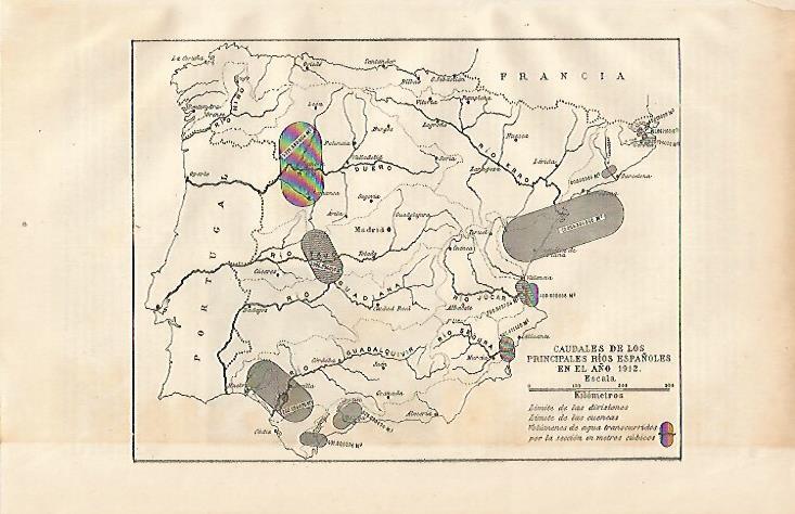 LAMINA ESPASA 10039: Mapa de los caudales de los rios de España en 1912