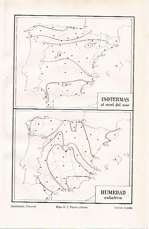 LAMINA ESPASA 10066: Mapa de España de isotermas y de humedad relativa