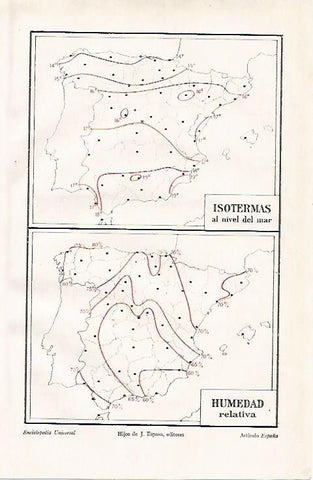 LAMINA ESPASA 10066: Mapa de España de isotermas y de humedad relativa