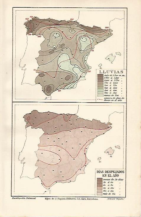 LAMINA ESPASA 10067: Mapa de España de lluvias y de dias despejados