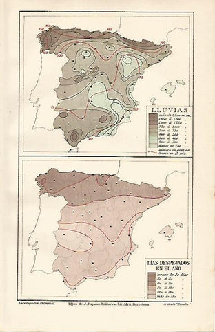LAMINA ESPASA 10067: Mapa de España de lluvias y de dias despejados