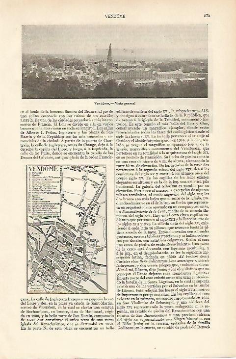 LAMINA ESPASA 5993: Vista y plano de Vendome Francia