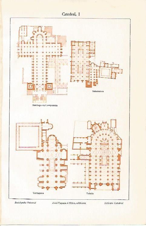 LAMINA ESPASA 3003: Plantas de la catedral de Tarragona Santiago de Compostela Toledo y Salamanca
