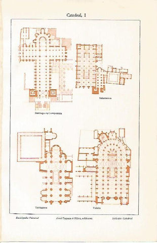 LAMINA ESPASA 3003: Plantas de la catedral de Tarragona Santiago de Compostela Toledo y Salamanca