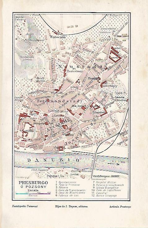 LAMINA ESPASA 3590: Mapa de Presburgo o Pozsony Eslovaquia