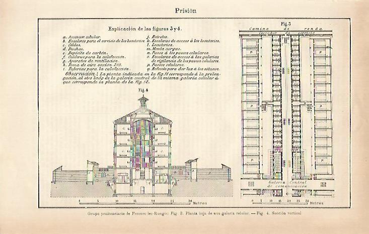 LAMINA ESPASA 3615: Grupo penitenciario de Fresnes-les-Rungis. Planta baja y seccion vertical