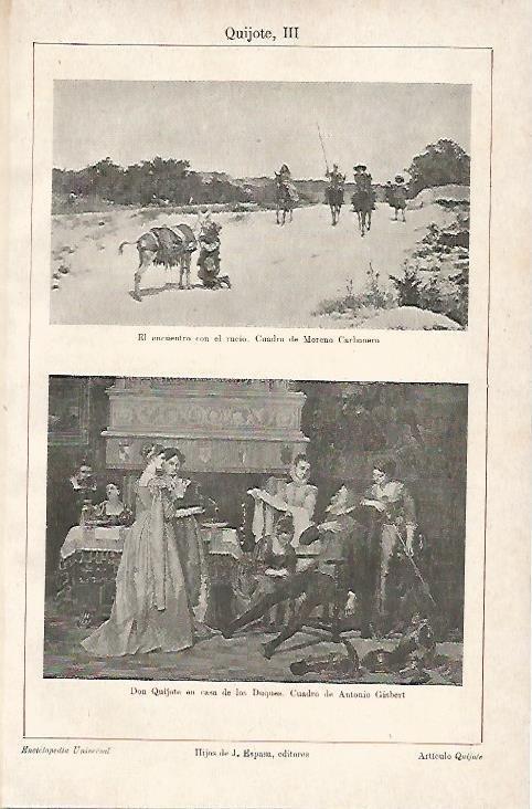 LAMINA ESPASA 3826: El encuentro con el rucio por Carbonero y Don Quijote en casa de los Duques por Gisbert
