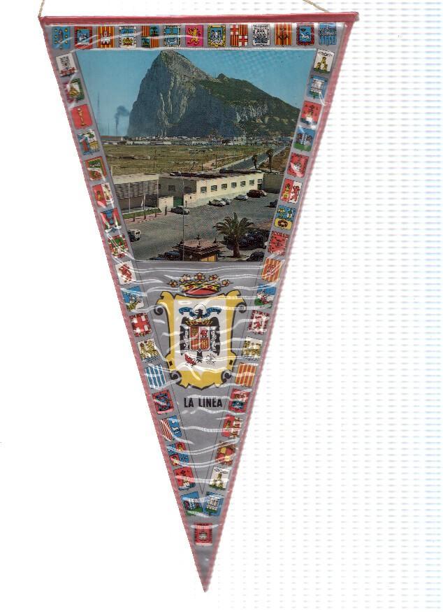 BANDERIN: LA LINEA DE LA CONCEPCION, Cadiz - Vista lehja del peñon de Gibraltar y escudo de la localidad