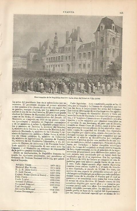 LAMINA ESPASA 3482: Proclamacion de la Republica francesa en la plaza del Hotel de Ville 1870