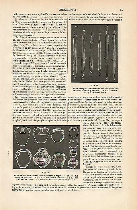 LAMINA ESPASA 3567: Tipos de ceramica y espadas de la Prehistoria