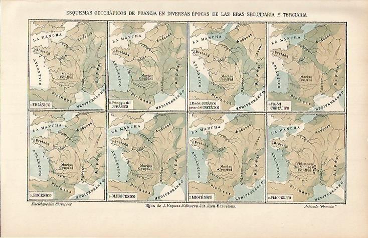 LAMINA ESPASA 3474: Mapas de Francia en las eras secundaria y terciaria