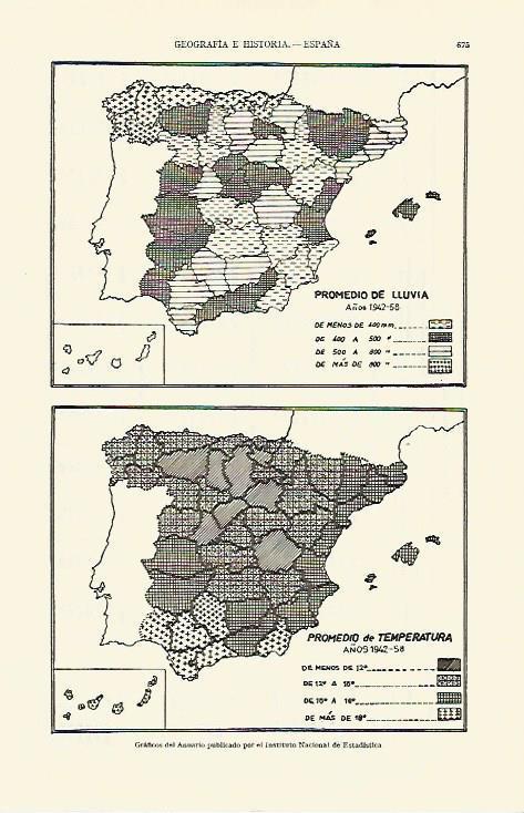 LAMINA ESPASA 21701: Mapas de España del INE con los promedios de lluvia y temperaturas