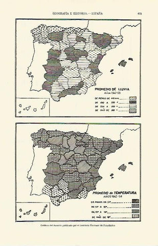 LAMINA ESPASA 21701: Mapas de España del INE con los promedios de lluvia y temperaturas