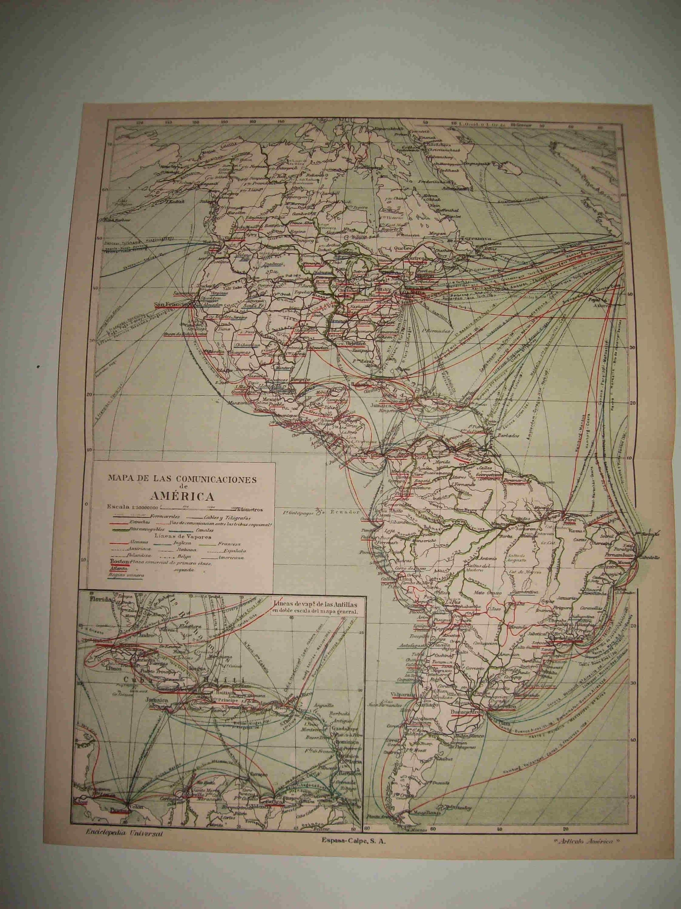 LAMINA ESPASA 23686: Mapa de las comunicaciones de America
