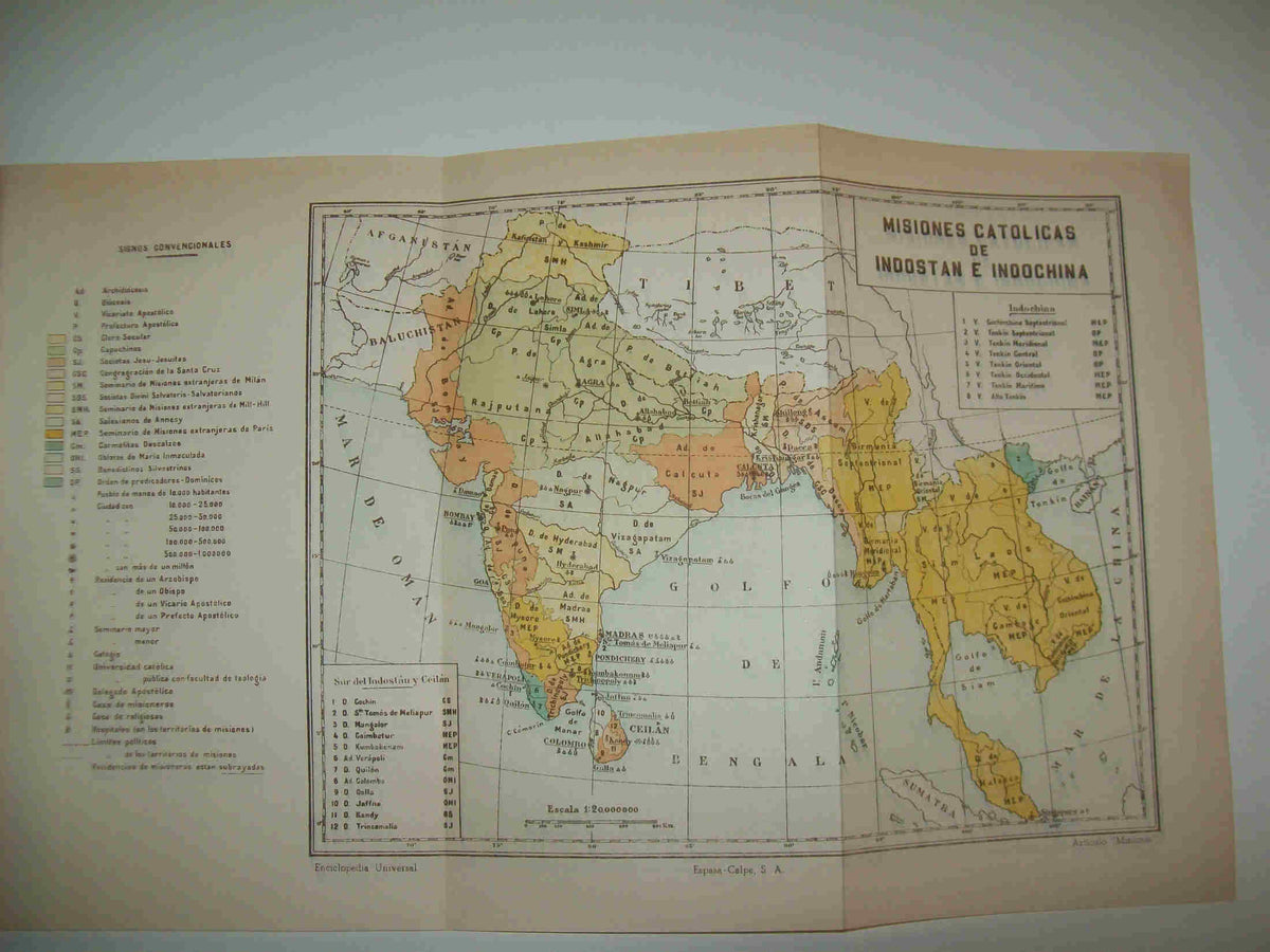 LAMINA ESPASA 24105: Mapa de las misiones catolicas en Indostan e Indochina