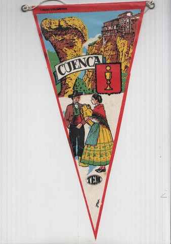BANDERIN: TEM CUENCA - Ilustracion de las CASAS COLGANTES, Trajes tipicos y escudo de la localidad