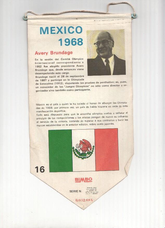 BANDERIN: MEXICO 1968 BIMBO - Ficha de Avery Brungade en Trasera.