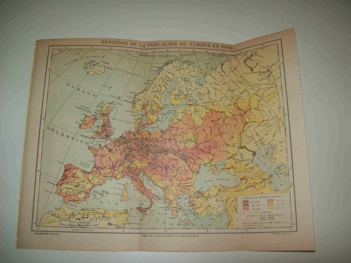 LAMINA ESPASA 7910: Mapa de la densidad de poblacion de Europa