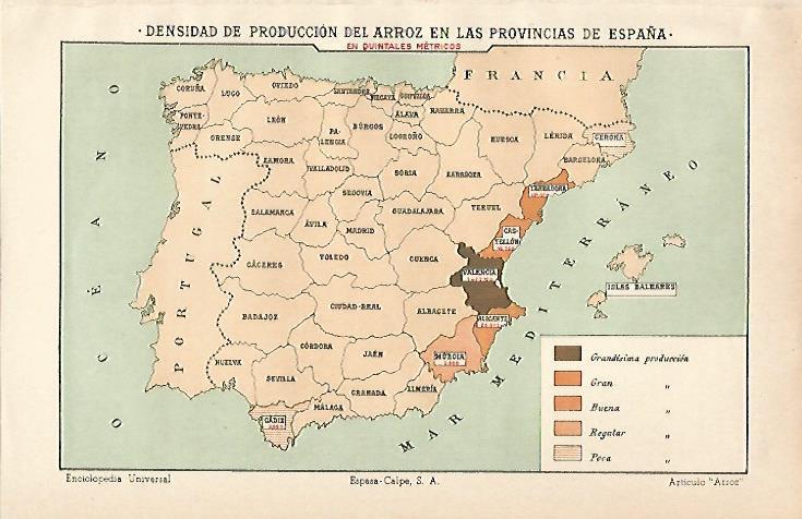 LAMINA ESPASA 12836: Mapa de España de produccion de arroz