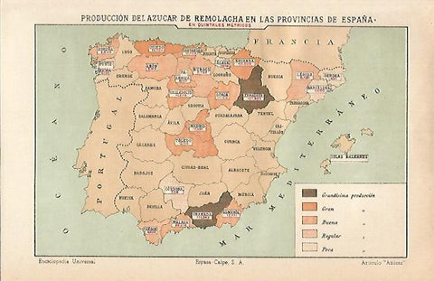 LAMINA ESPASA 13076: Mapa de España de produccion de remolacha