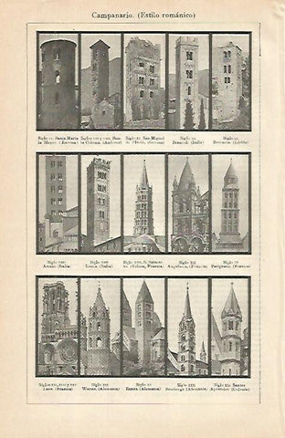 LAMINA De ESPASA 00179: Campanarios romanicos