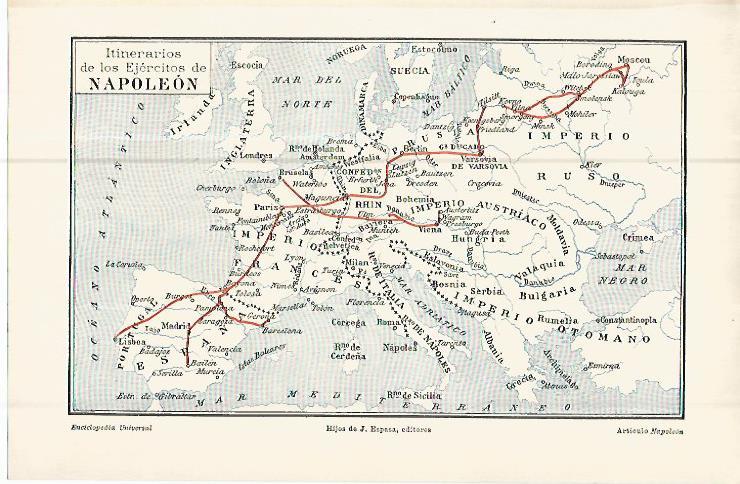 LAMINA ESPASA 10712: Mapa de los itinerarios del ejercito de Napoleon