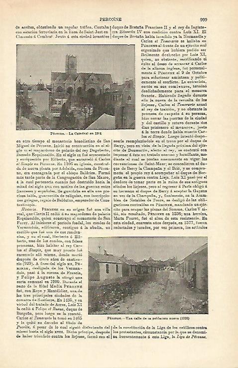 LAMINA ESPASA 15771: Catedral y calle de Peronne en 1914 y 1920
