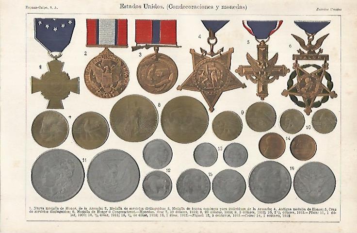 LAMINA ESPASA 16336: Condecoraciones y monedas de Estados Unidos
