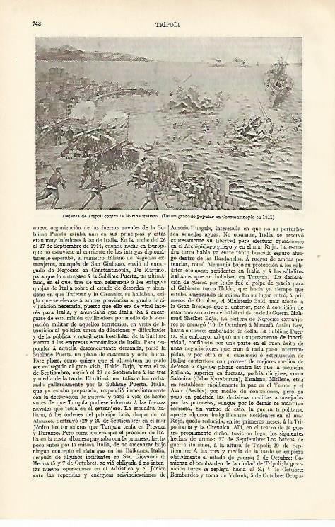 LAMINA ESPASA 886: Defensa de Tripoli contra la Marina italiana grabado de 1911