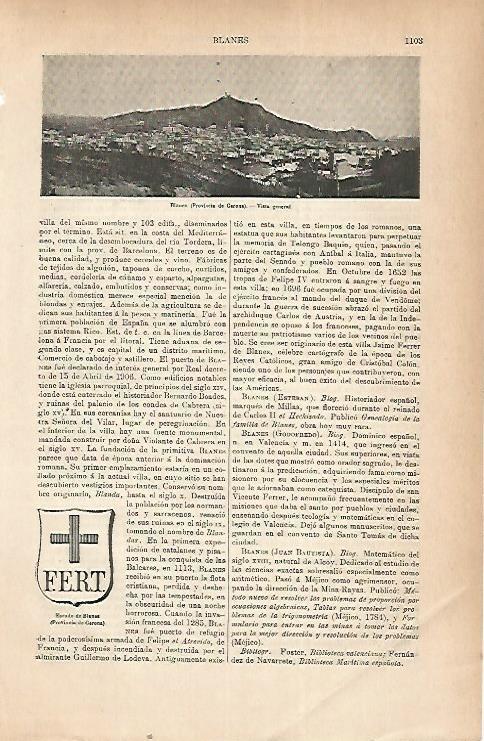 LAMINA ESPASA 22308: Vista y escudo de Blanes Girona