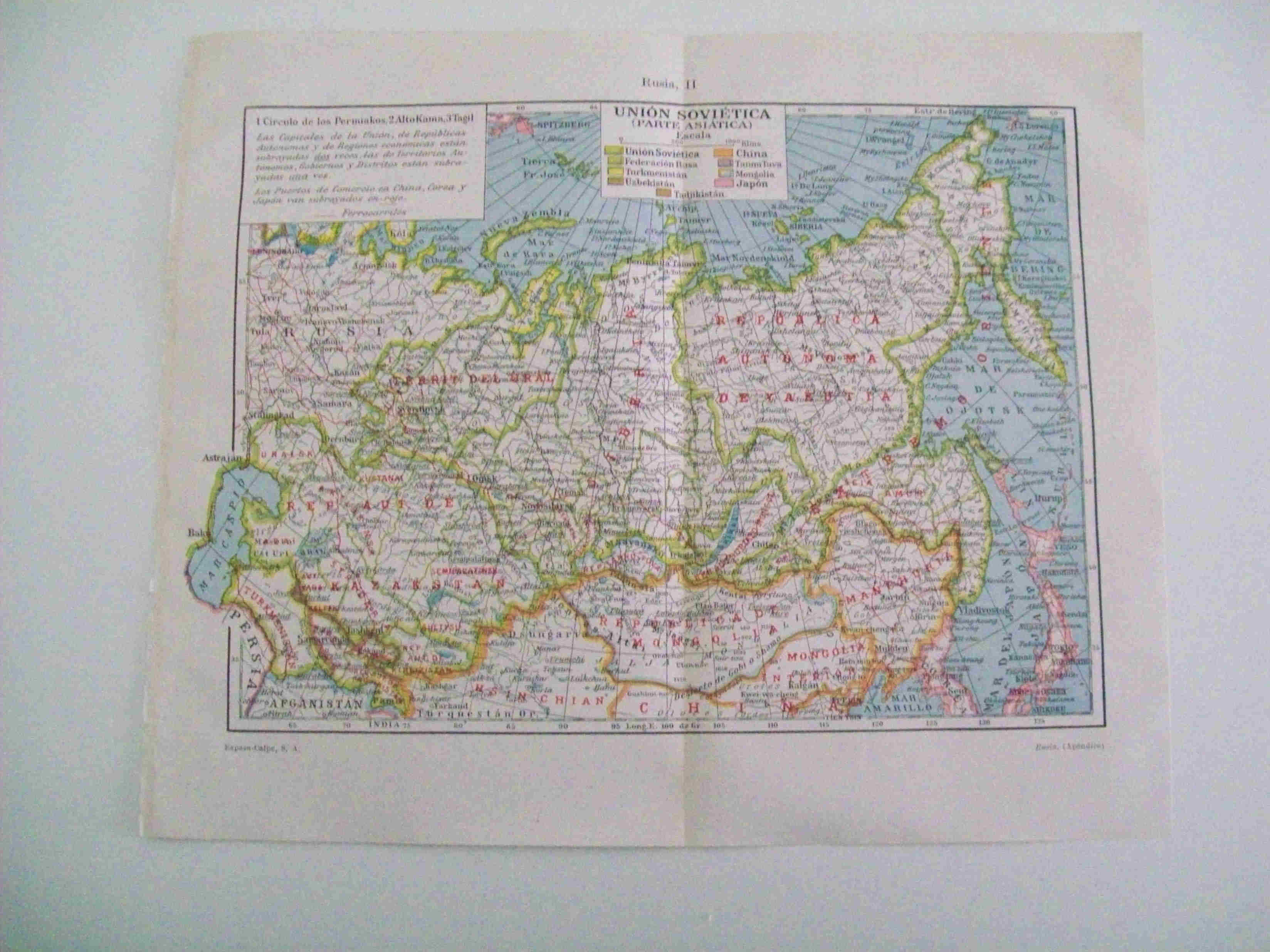 LAMINA ESPASA 14035: Mapa de la Union Sovietica parte asiatica