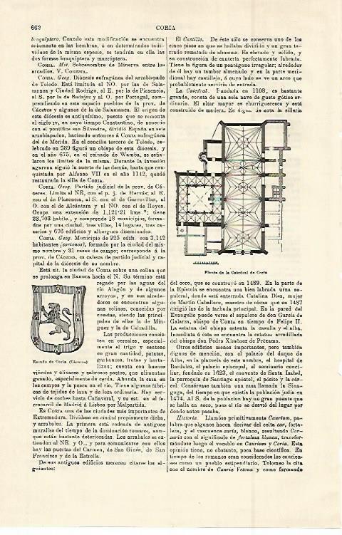 LAMINA ESPASA 14976: Escudo y planta de la catedral de Coria Caceres