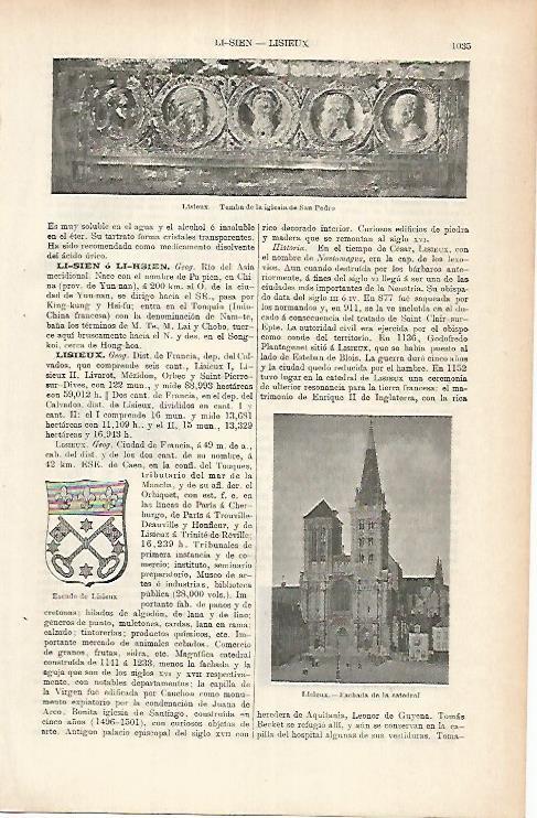 LAMINA ESPASA 25764: Escudo y vista de Lisieux Francia