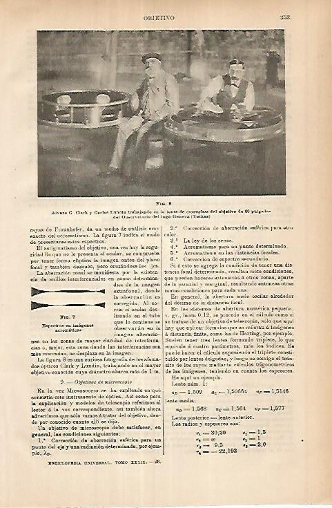 LAMINA ESPASA 25893: A. G. Clark y C. Lundin trabajando en la lente de crounglass en Yerkes