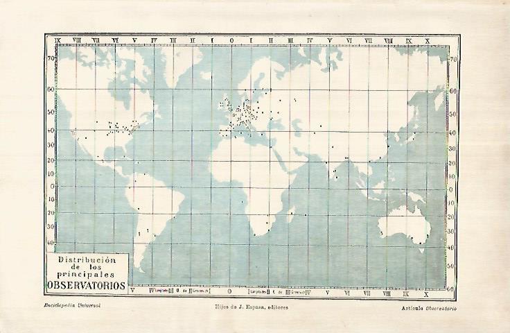 LAMINA ESPASA 25901: Mapa de distribucion de observatorios del mundo